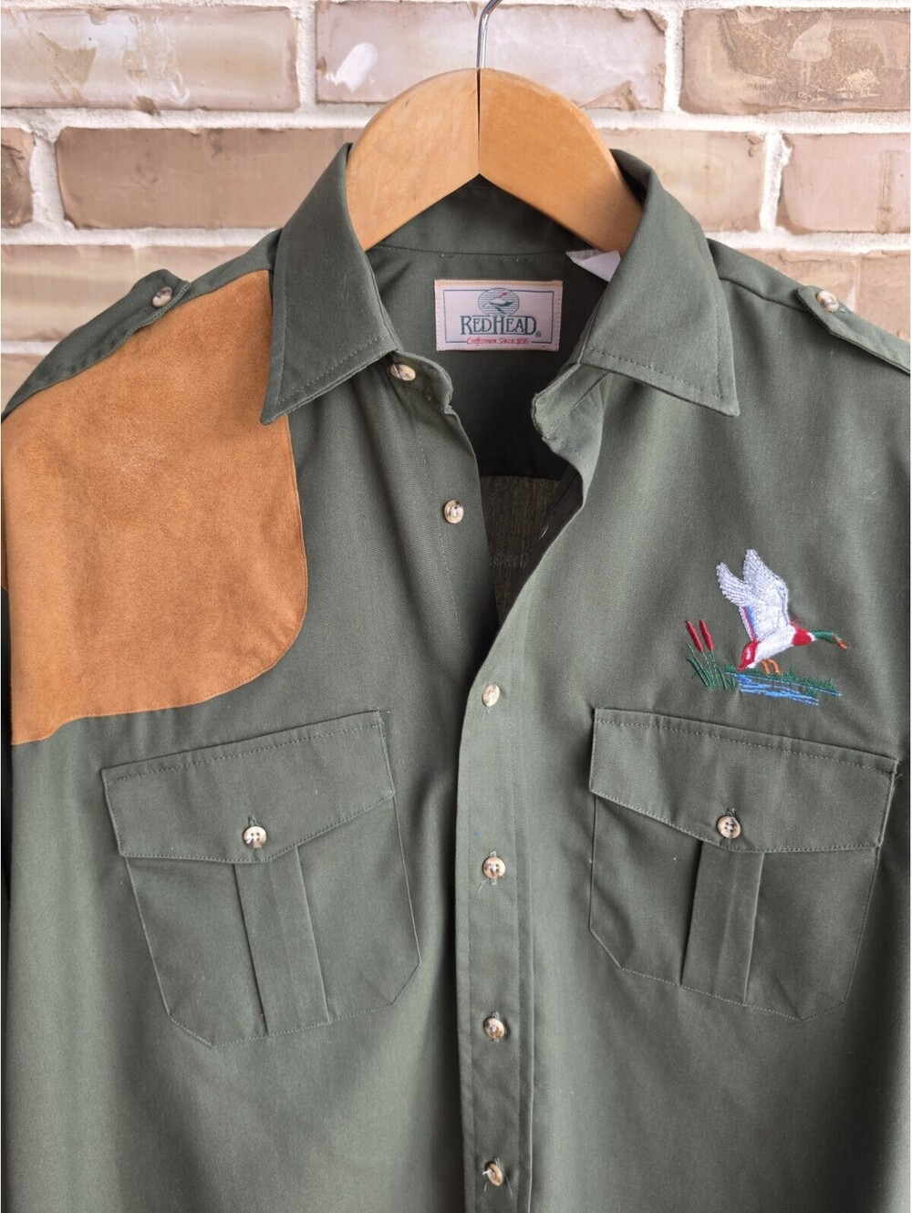 Vintage RedHead Hunting Shooting Shirt Mens L Olive Suede Patch Duck Embroidered